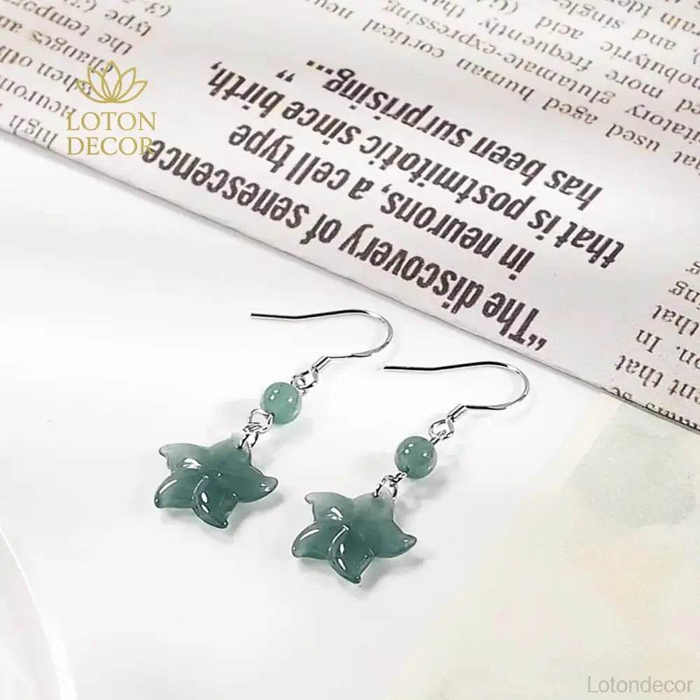 Star Fish Jade Earrings Blue Water Fei Cui Jade S925 Pure Silver Parts Feng Shui Vacation Jewelry - Loton Decor