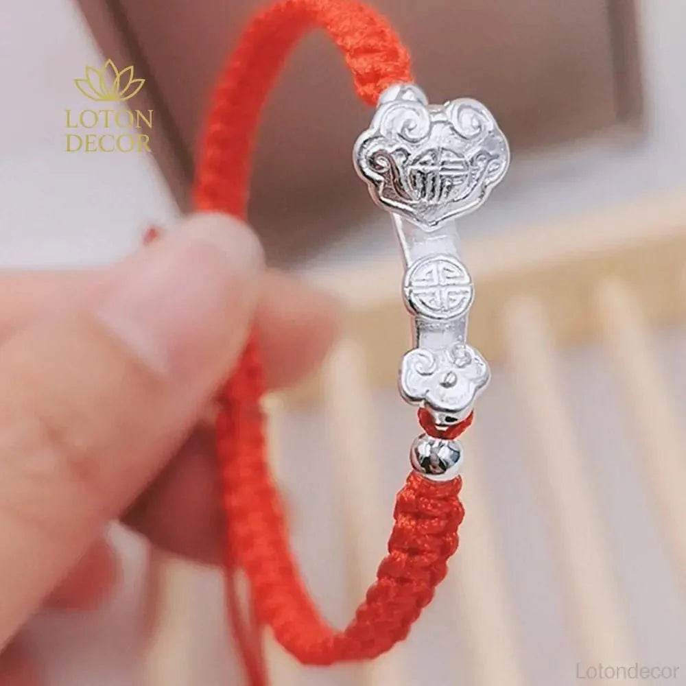 Sterling Silver Ruyi Red String Bracelet – Lucky Parent-Child Amulet - Loton Decor