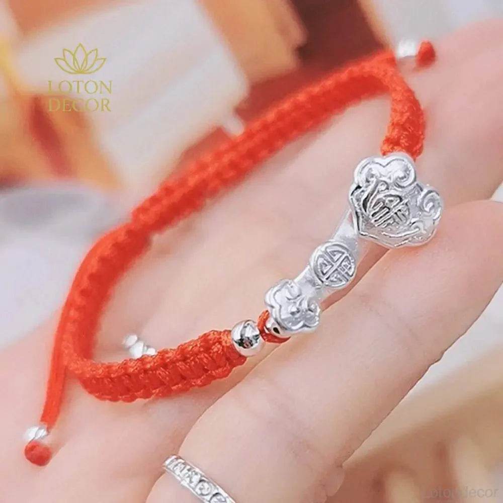 Sterling Silver Ruyi Red String Bracelet – Lucky Parent-Child Amulet - Loton Decor