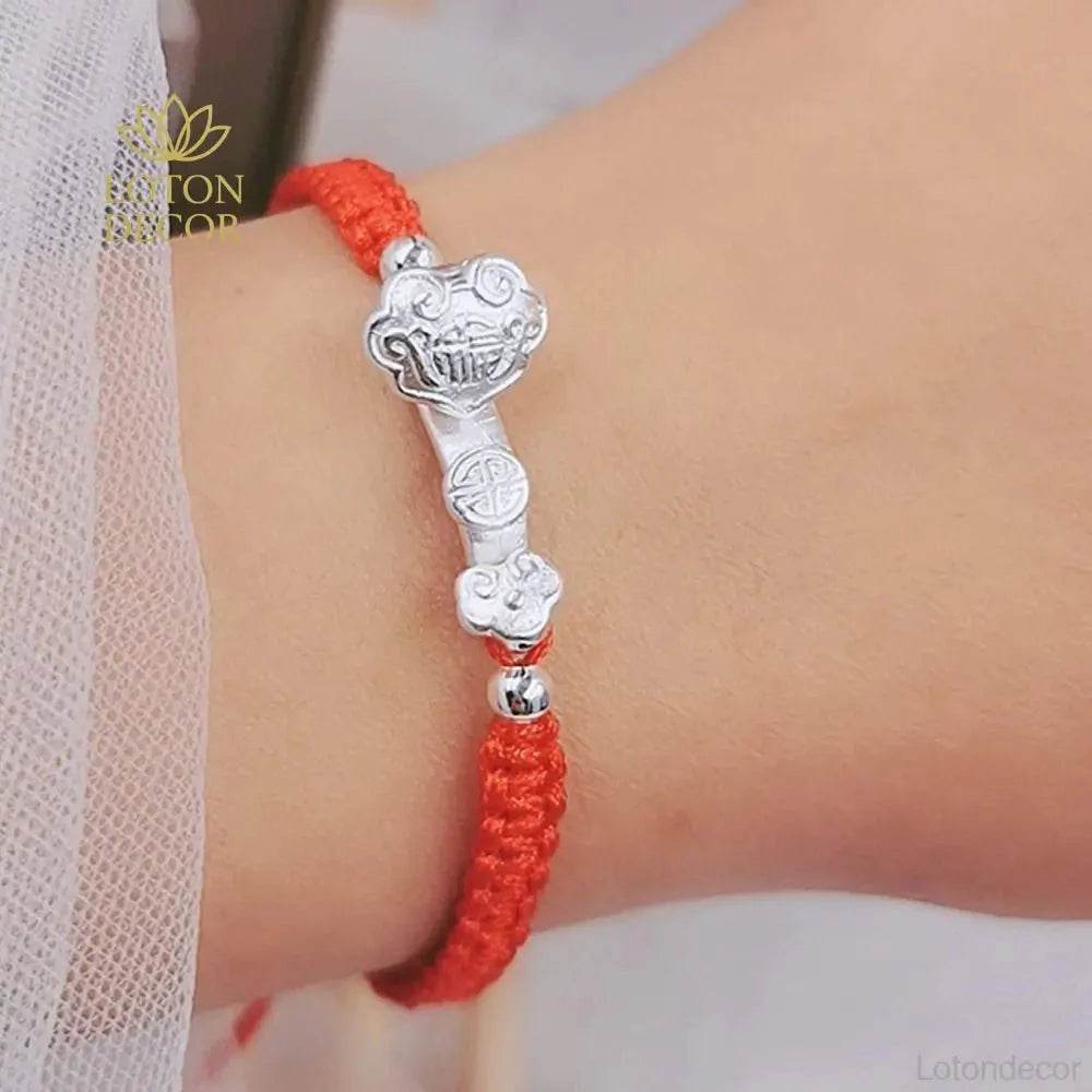 Sterling Silver Ruyi Red String Bracelet – Lucky Parent-Child Amulet - Loton Decor