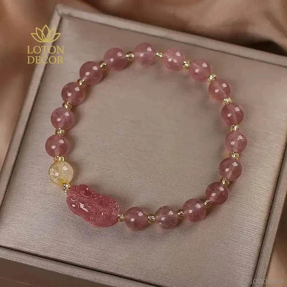 Strawberry Crystal Pixiu Bracelet – Wealth Amulet Charm - Loton Decor