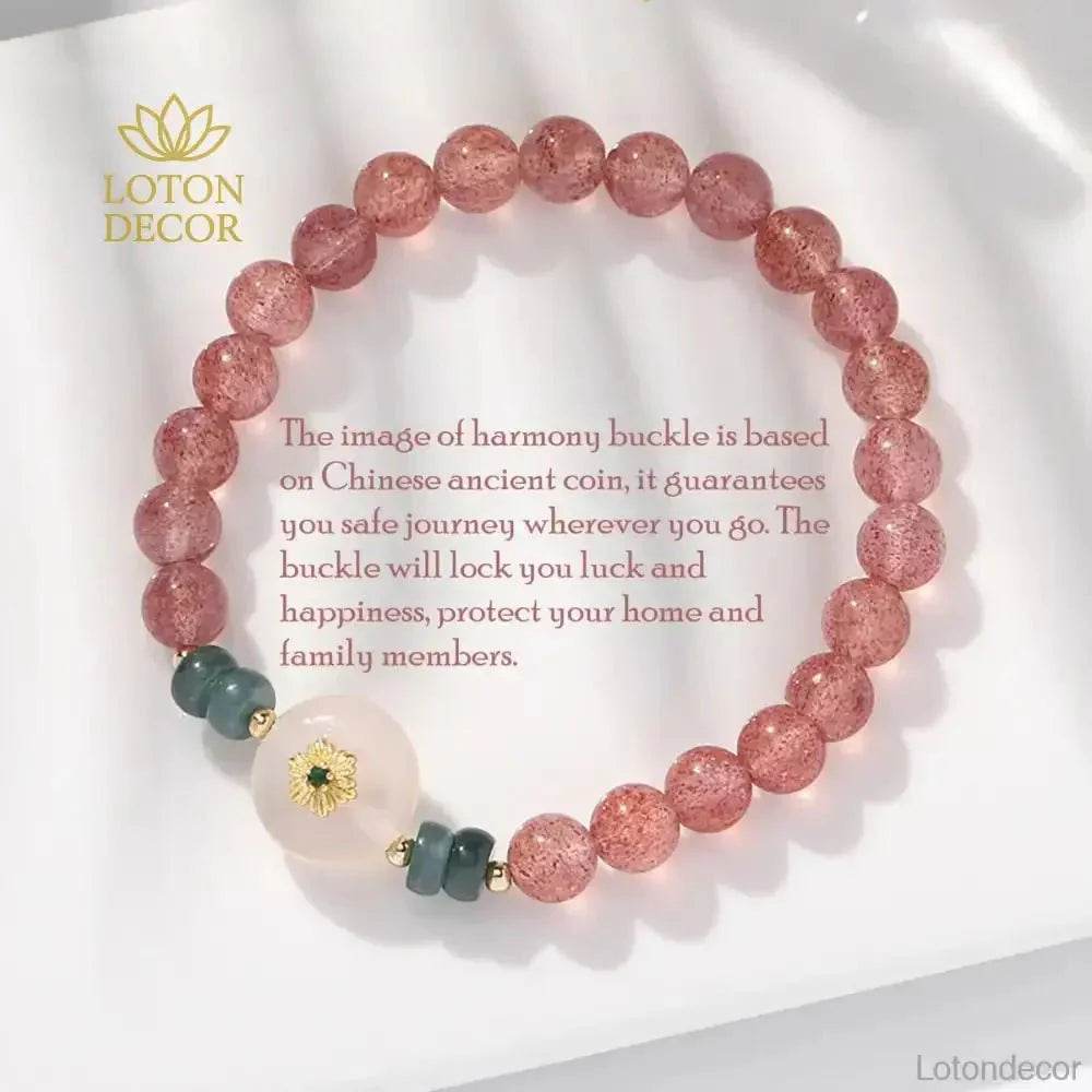 Strawberry Quartz Bracelet 6.5CM Feng Shui Wealth Bracelet Auspicious Flower Harmony Buckle Jade Donut - Loton Decor