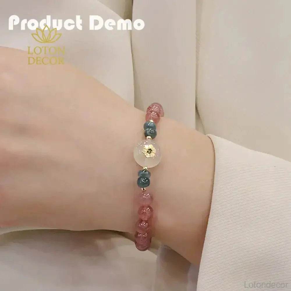 Strawberry Quartz Bracelet 6.5CM Feng Shui Wealth Bracelet Auspicious Flower Harmony Buckle Jade Donut - Loton Decor