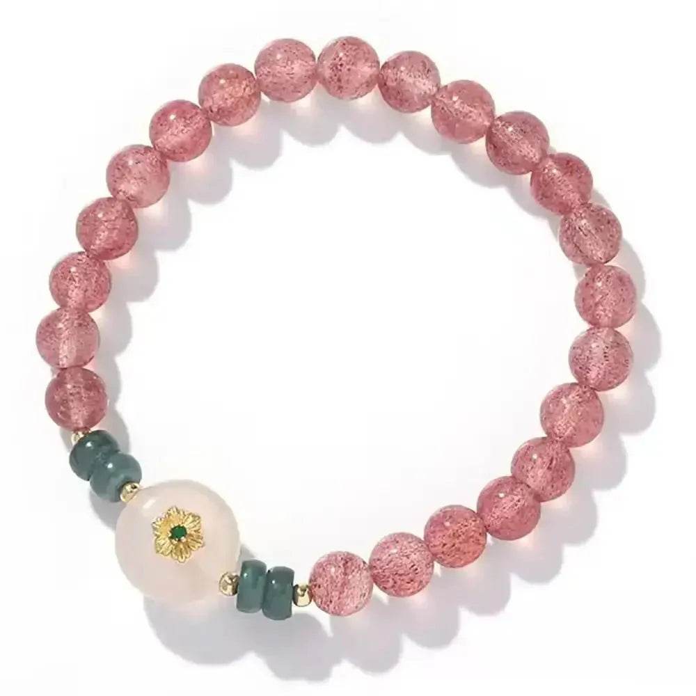 Strawberry Quartz Bracelet 6.5CM Feng Shui Wealth Bracelet Auspicious Flower Harmony Buckle Jade Donut - Loton Decor