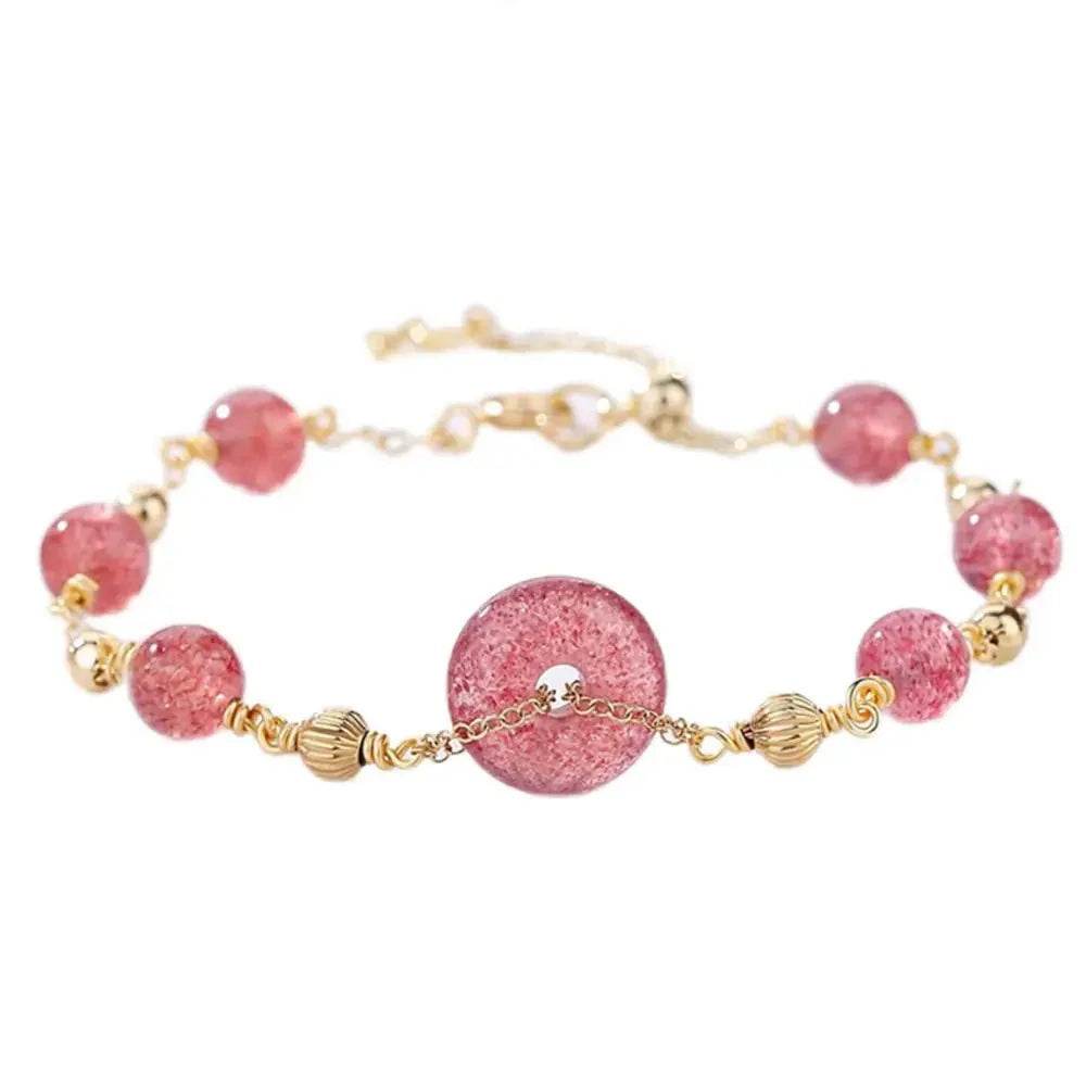 Strawberry Quartz Coin Bracelet – Lucky Gold Charm Beads - Loton Decor
