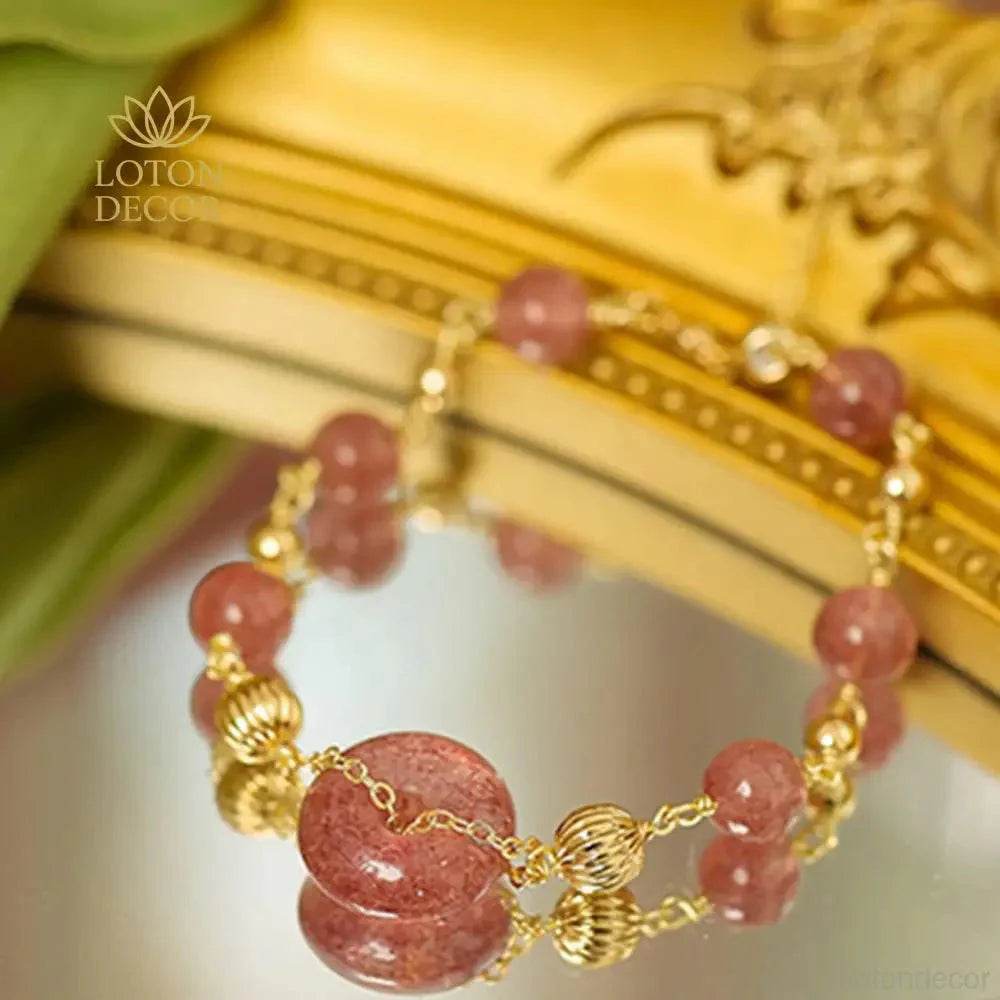 Strawberry Quartz Coin Bracelet – Lucky Gold Charm Beads - Loton Decor