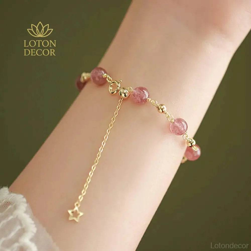 Strawberry Quartz Coin Bracelet – Lucky Gold Charm Beads - Loton Decor