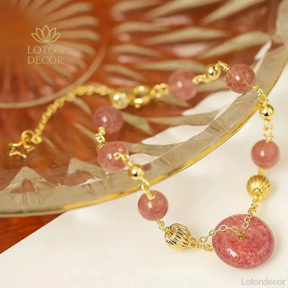 Strawberry Quartz Coin Bracelet – Lucky Gold Charm Beads - Loton Decor