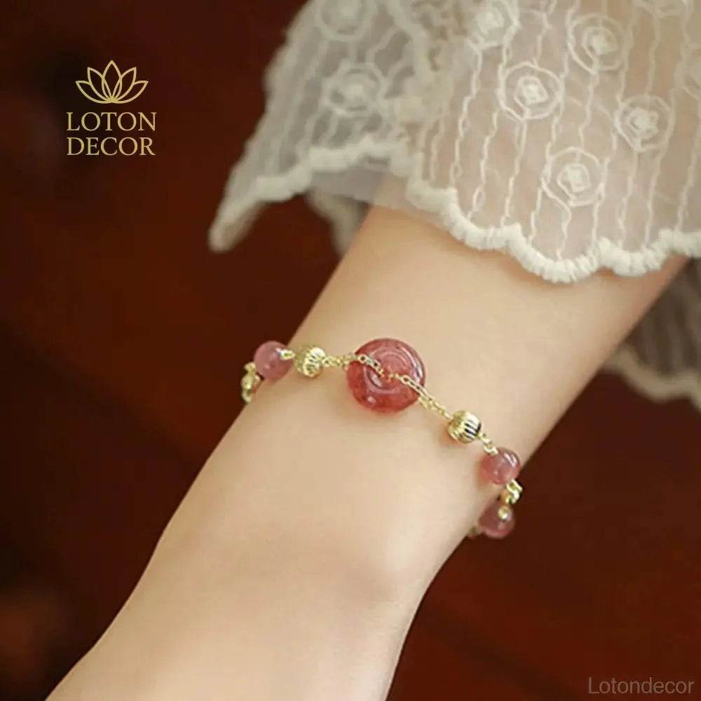 Strawberry Quartz Coin Bracelet – Lucky Gold Charm Beads - Loton Decor
