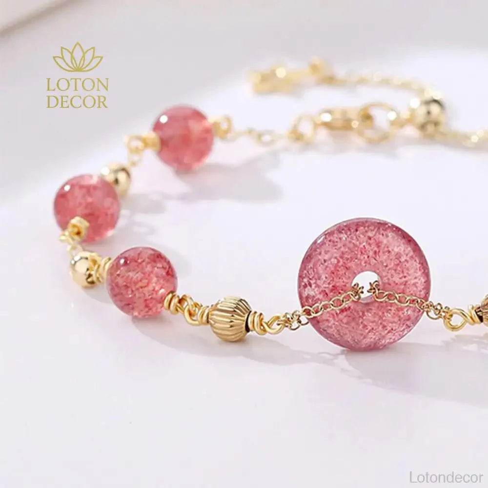 Strawberry Quartz Coin Bracelet – Lucky Gold Charm Beads - Loton Decor