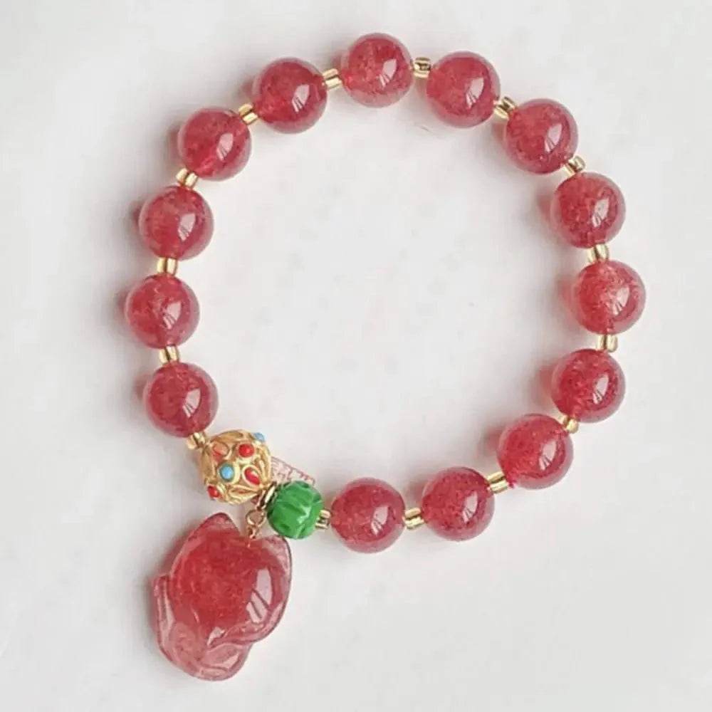 Strawberry Quartz Fox Bracelet – Feng Shui Love & Wealth Amulet - Loton Decor