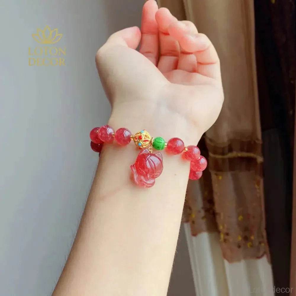 Strawberry Quartz Fox Bracelet – Feng Shui Love & Wealth Amulet - Loton Decor