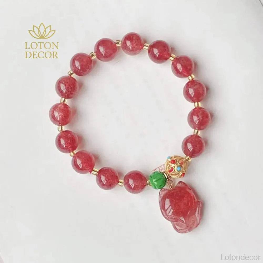Strawberry Quartz Fox Bracelet – Feng Shui Love & Wealth Amulet - Loton Decor