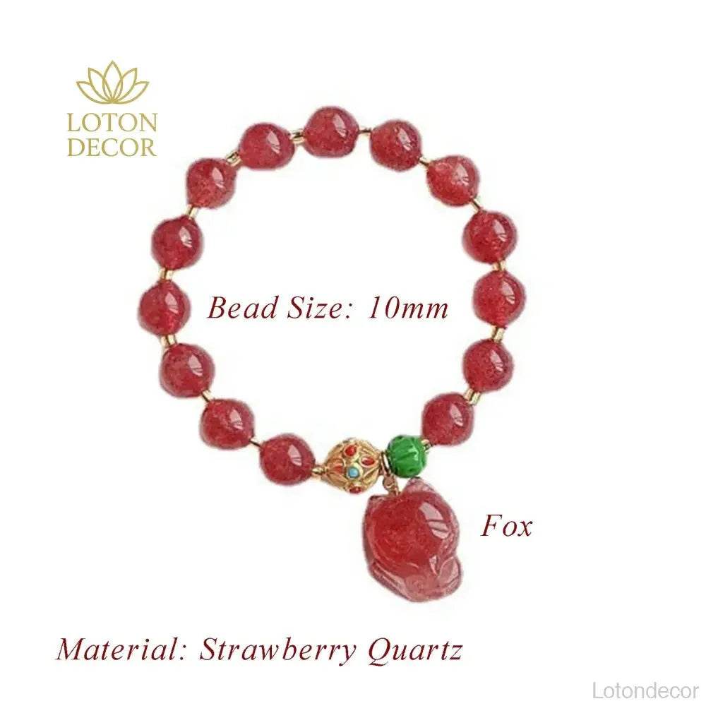 Strawberry Quartz Fox Bracelet – Feng Shui Love & Wealth Amulet - Loton Decor