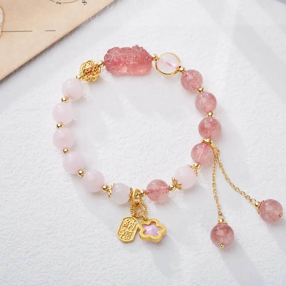 Strawberry Quartz Pi Xiu Bracelet Rose Quartz Antique Pi Yao Feng Shui Wealth Crystal Bracelet - Loton Decor