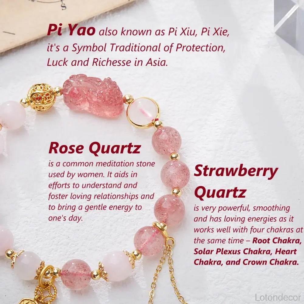 Strawberry Quartz Pi Xiu Bracelet Rose Quartz Antique Pi Yao Feng Shui Wealth Crystal Bracelet - Loton Decor