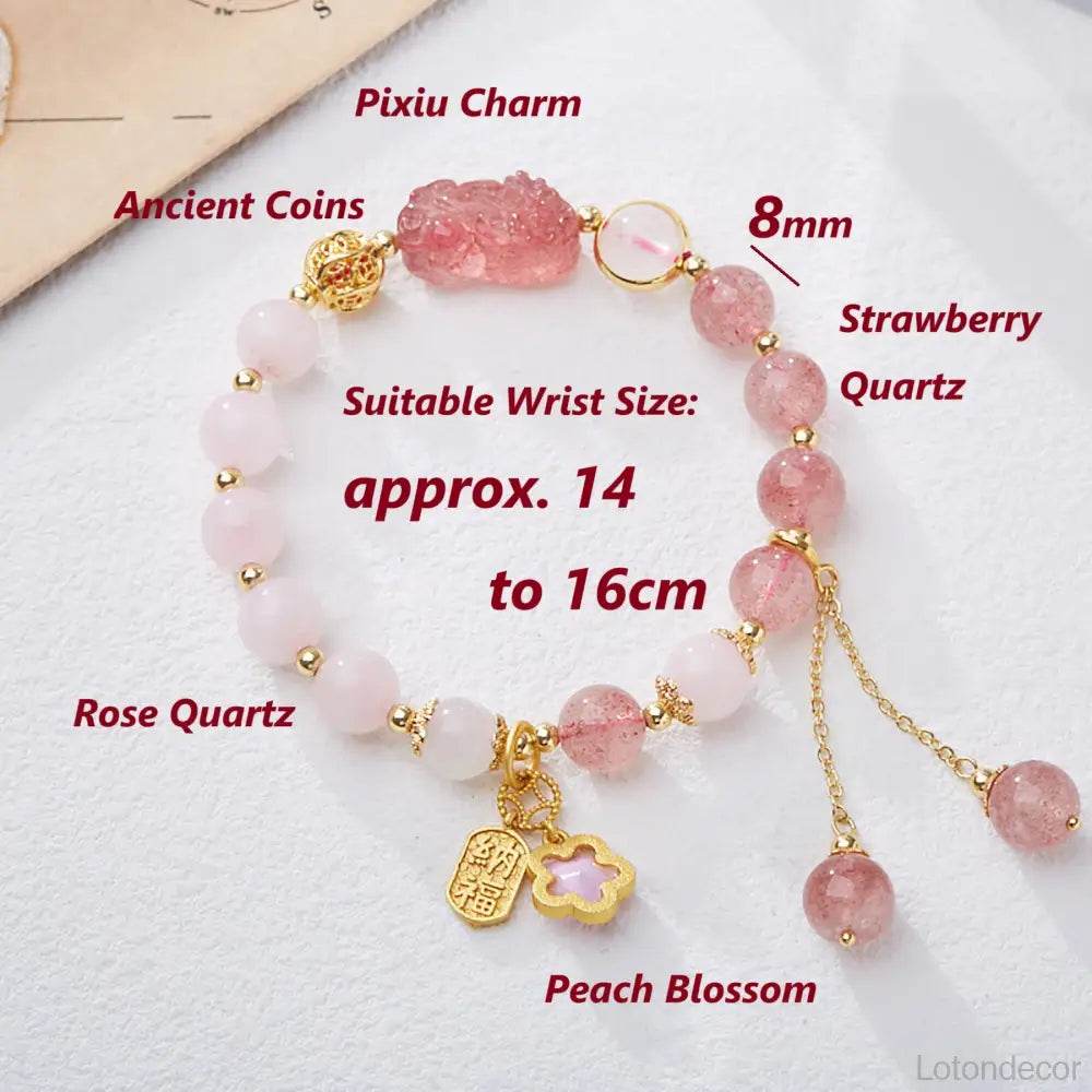 Strawberry Quartz Pi Xiu Bracelet Rose Quartz Antique Pi Yao Feng Shui Wealth Crystal Bracelet - Loton Decor