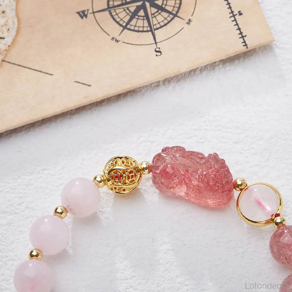 Strawberry Quartz Pi Xiu Bracelet Rose Quartz Antique Pi Yao Feng Shui Wealth Crystal Bracelet - Loton Decor
