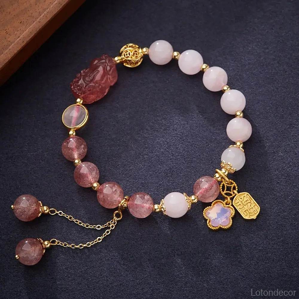 Strawberry Quartz Pi Xiu Bracelet Rose Quartz Antique Pi Yao Feng Shui Wealth Crystal Bracelet - Loton Decor