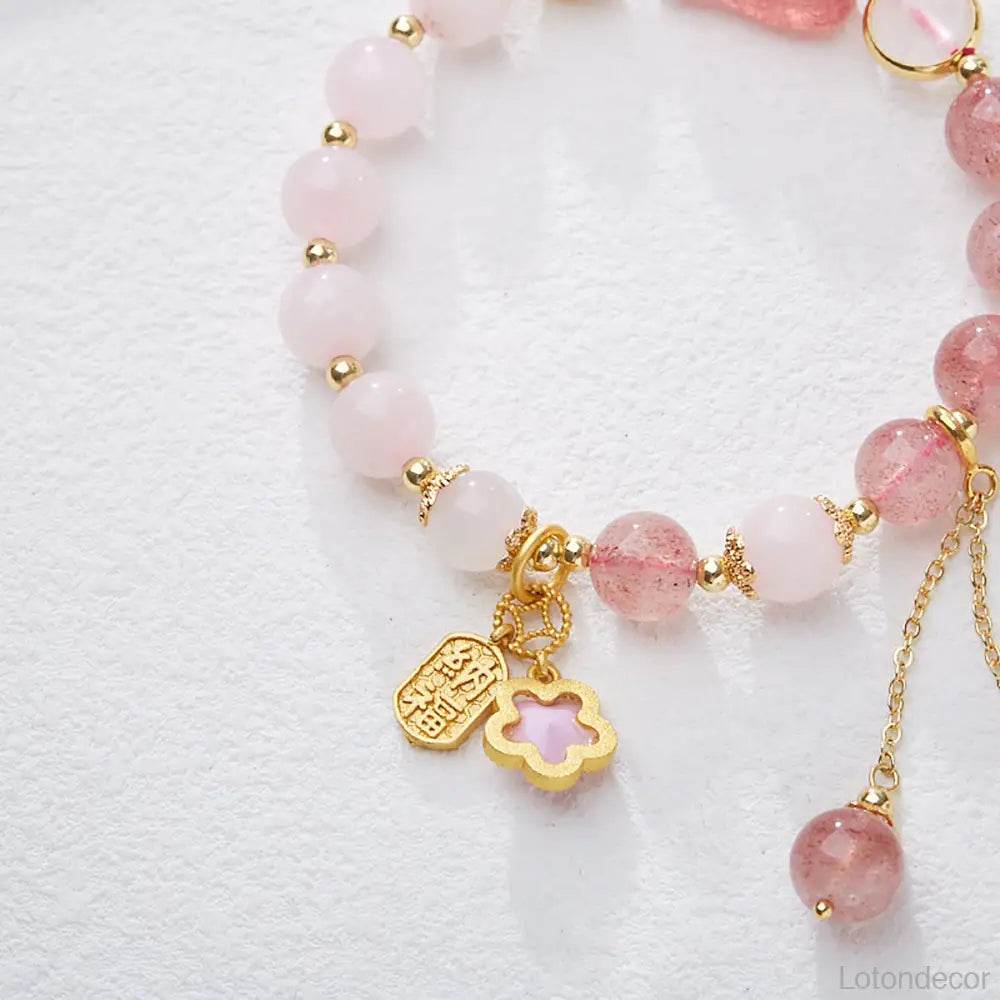 Strawberry Quartz Pi Xiu Bracelet Rose Quartz Antique Pi Yao Feng Shui Wealth Crystal Bracelet - Loton Decor