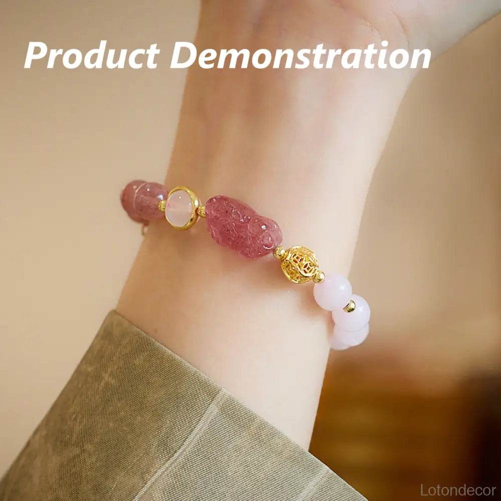 Strawberry Quartz Pi Xiu Bracelet Rose Quartz Antique Pi Yao Feng Shui Wealth Crystal Bracelet - Loton Decor