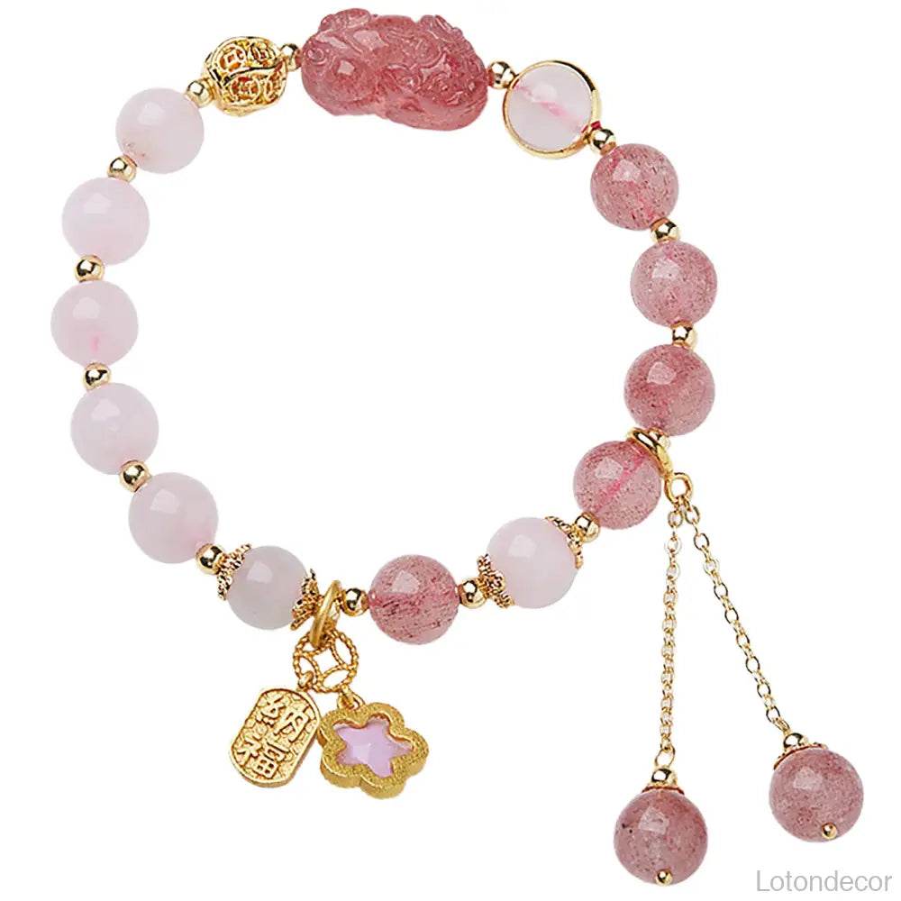 Strawberry Quartz Pi Xiu Bracelet Rose Quartz Antique Pi Yao Feng Shui Wealth Crystal Bracelet - Loton Decor