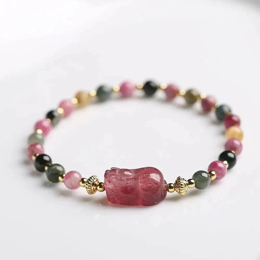 Strawberry Quartz Pixiu Bracelet – Tourmaline Wealth Charm - Loton Decor