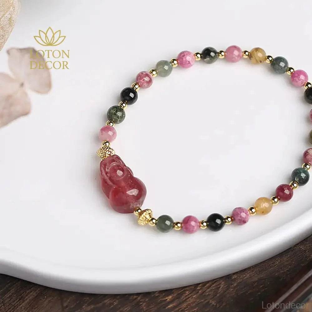 Strawberry Quartz Pixiu Bracelet – Tourmaline Wealth Charm - Loton Decor