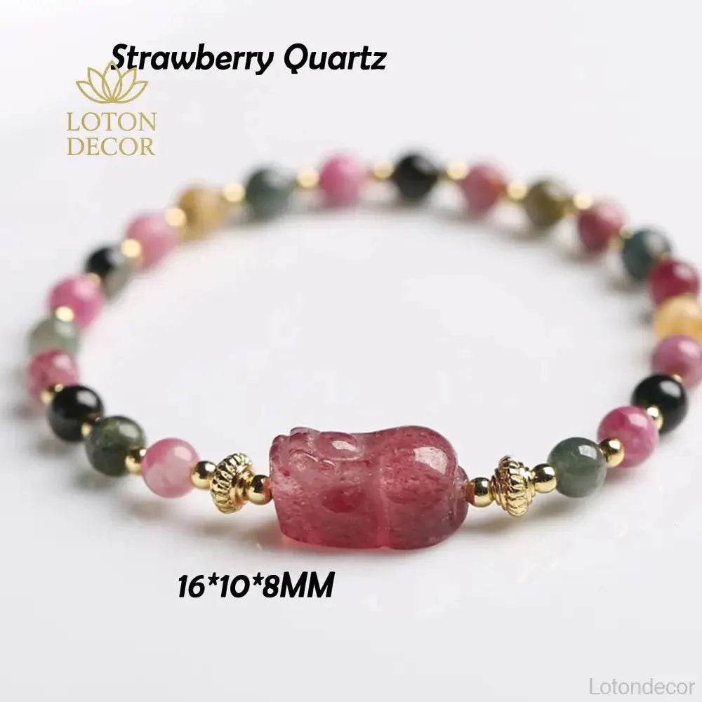 Strawberry Quartz Pixiu Bracelet – Tourmaline Wealth Charm - Loton Decor