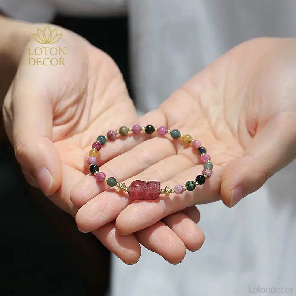 Strawberry Quartz Pixiu Bracelet – Tourmaline Wealth Charm - Loton Decor