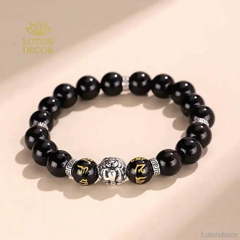 Tibetan Pure Silver Pi Xiu Bracelet Black Obsidian Cat Eye Stone Feng Shui Wealth Bracelet Six True Words Mantra Spacer - Loton Decor