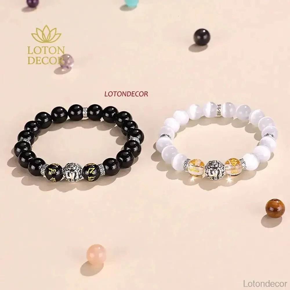 Tibetan Pure Silver Pi Xiu Bracelet Black Obsidian Cat Eye Stone Feng Shui Wealth Bracelet Six True Words Mantra Spacer - Loton Decor