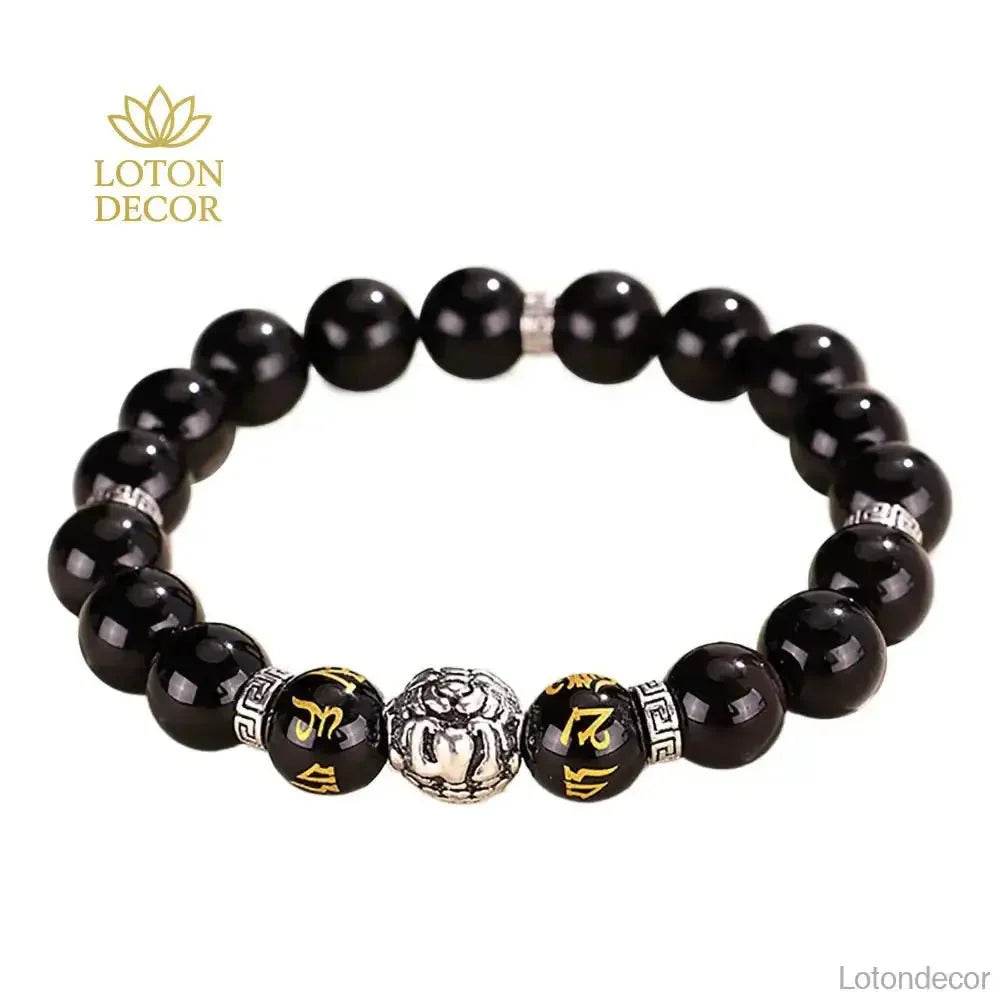 Tibetan Pure Silver Pi Xiu Bracelet Black Obsidian Cat Eye Stone Feng Shui Wealth Bracelet Six True Words Mantra Spacer - Loton Decor