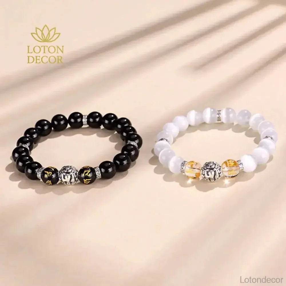 Tibetan Pure Silver Pi Xiu Bracelet Black Obsidian Cat Eye Stone Feng Shui Wealth Bracelet Six True Words Mantra Spacer - Loton Decor