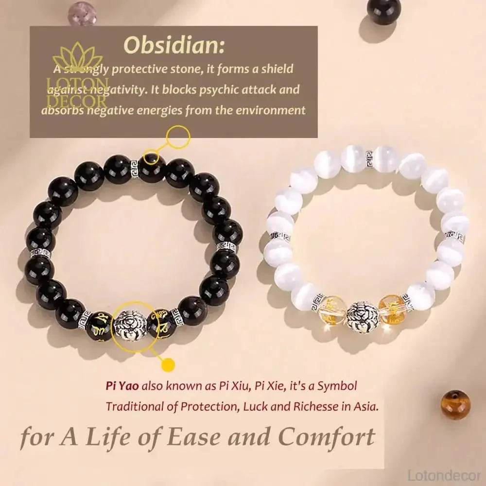 Tibetan Pure Silver Pi Xiu Bracelet Black Obsidian Cat Eye Stone Feng Shui Wealth Bracelet Six True Words Mantra Spacer - Loton Decor