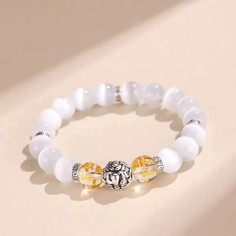 Tibetan Pure Silver Pi Xiu Bracelet Black Obsidian Cat Eye Stone Feng Shui Wealth Bracelet Six True Words Mantra Spacer - Loton Decor