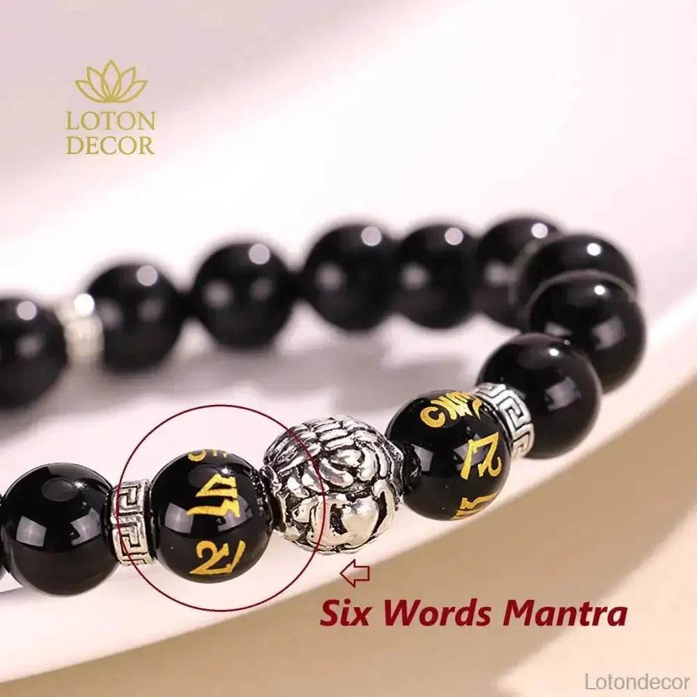 Tibetan Pure Silver Pi Xiu Bracelet Black Obsidian Cat Eye Stone Feng Shui Wealth Bracelet Six True Words Mantra Spacer - Loton Decor