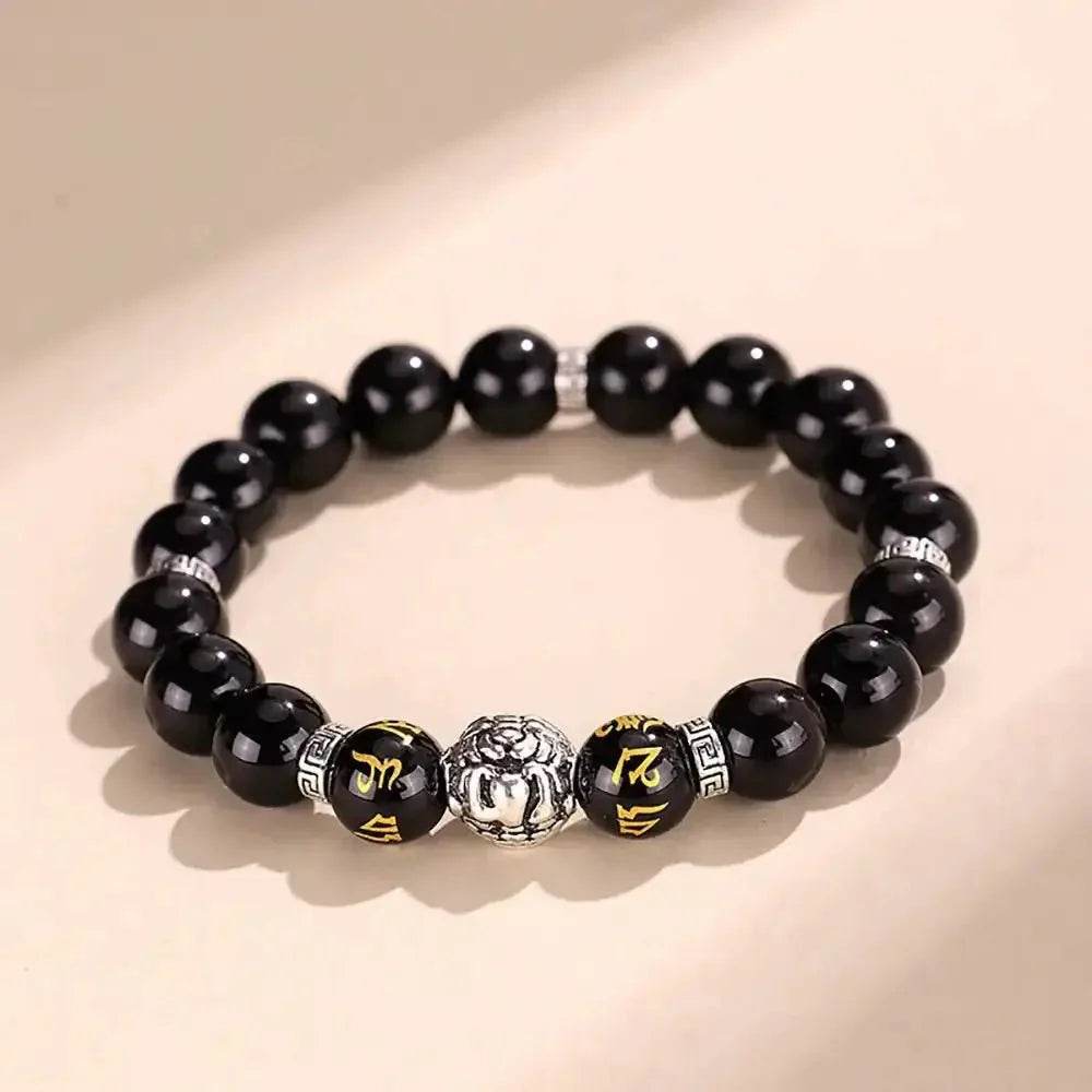 Tibetan Pure Silver Pi Xiu Bracelet Black Obsidian Cat Eye Stone Feng Shui Wealth Bracelet Six True Words Mantra Spacer - Loton Decor