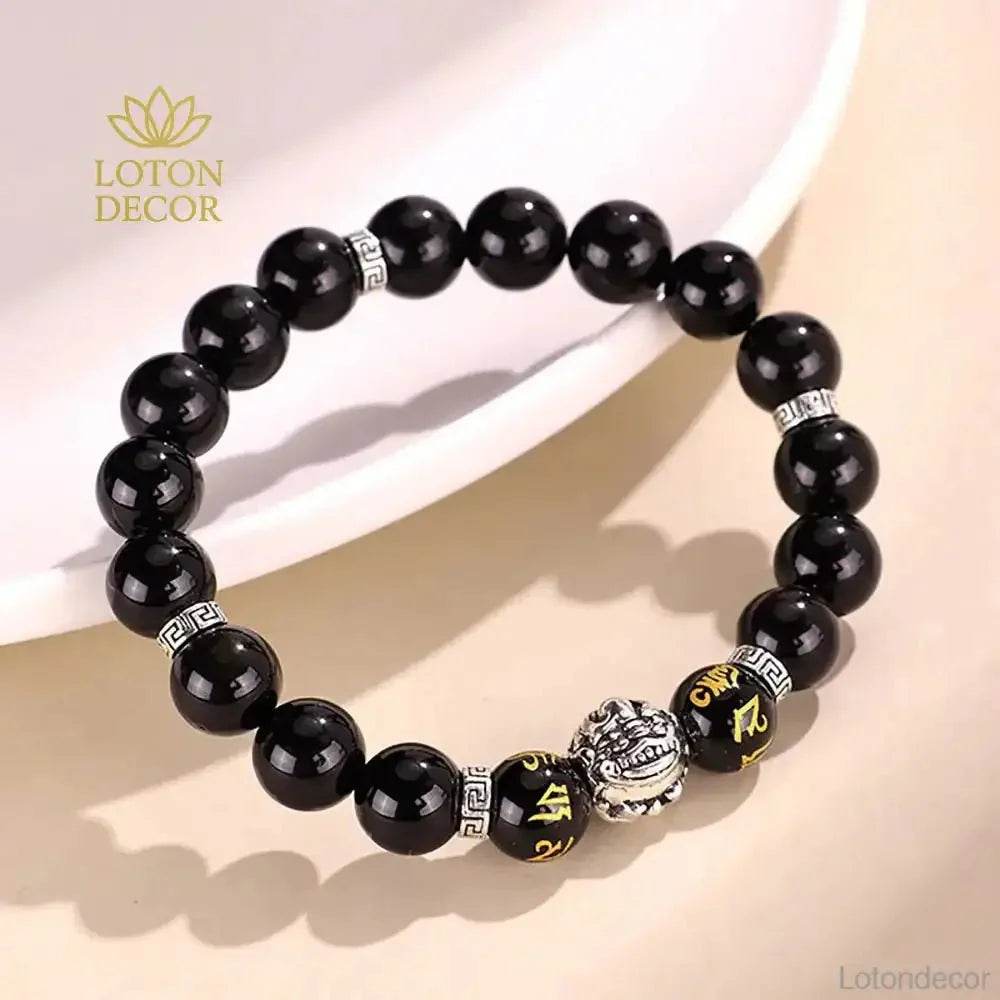 Tibetan Pure Silver Pi Xiu Bracelet Black Obsidian Cat Eye Stone Feng Shui Wealth Bracelet Six True Words Mantra Spacer - Loton Decor