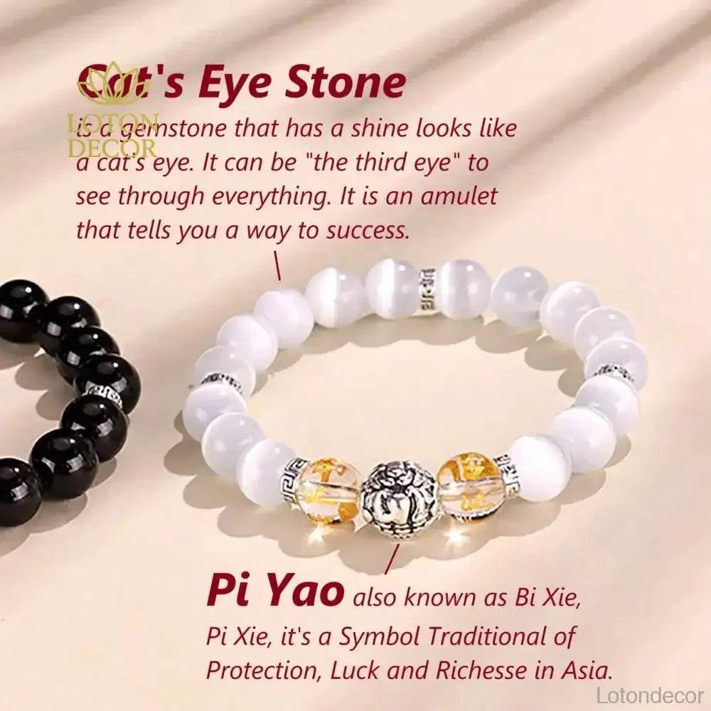 Tibetan Pure Silver Pi Xiu Bracelet Black Obsidian Cat Eye Stone Feng Shui Wealth Bracelet Six True Words Mantra Spacer - Loton Decor
