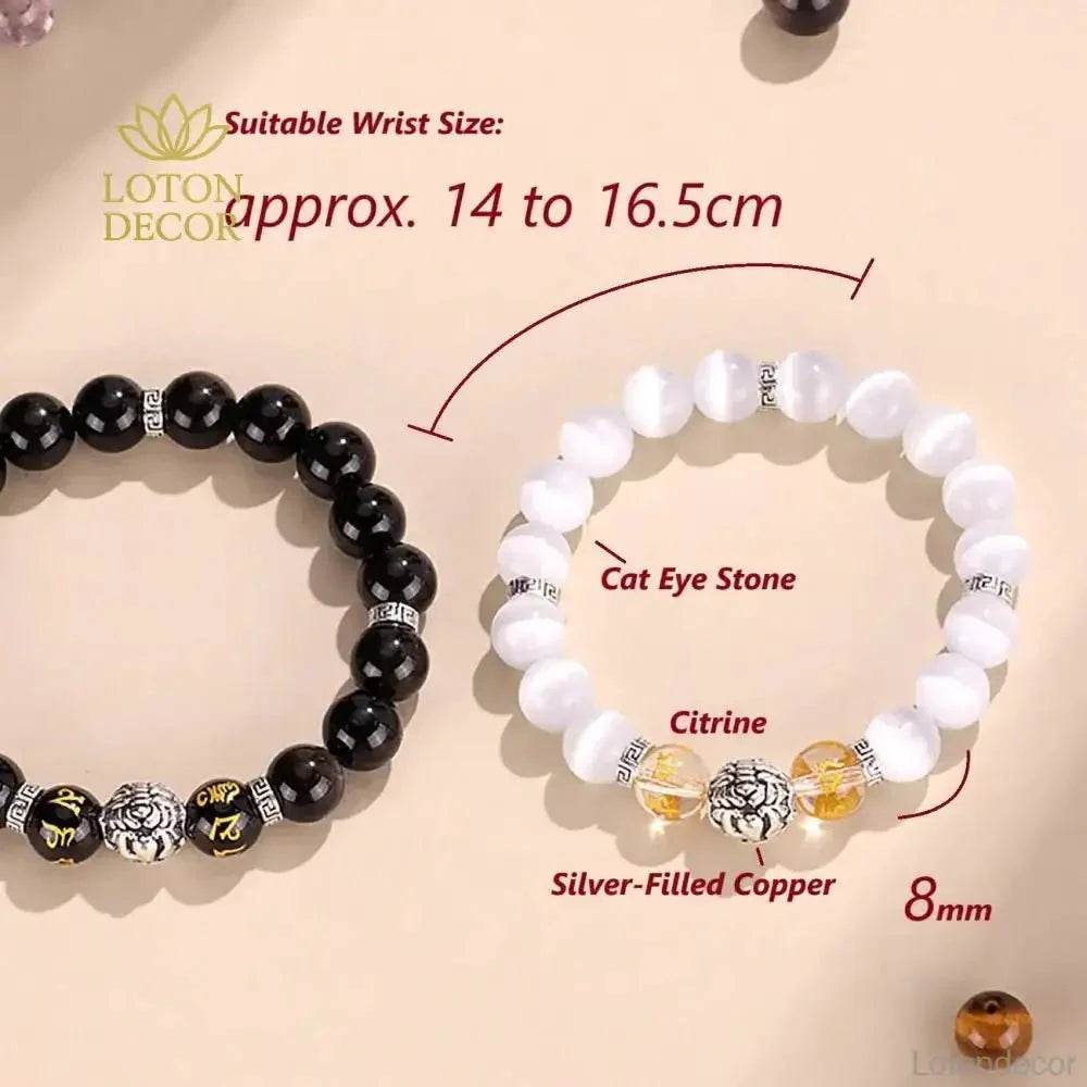 Tibetan Pure Silver Pi Xiu Bracelet Black Obsidian Cat Eye Stone Feng Shui Wealth Bracelet Six True Words Mantra Spacer - Loton Decor