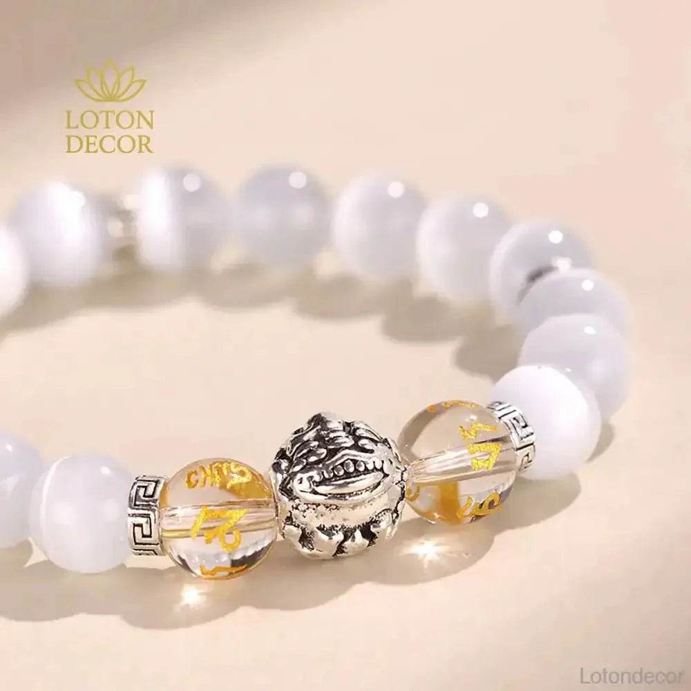 Tibetan Pure Silver Pi Xiu Bracelet Black Obsidian Cat Eye Stone Feng Shui Wealth Bracelet Six True Words Mantra Spacer - Loton Decor