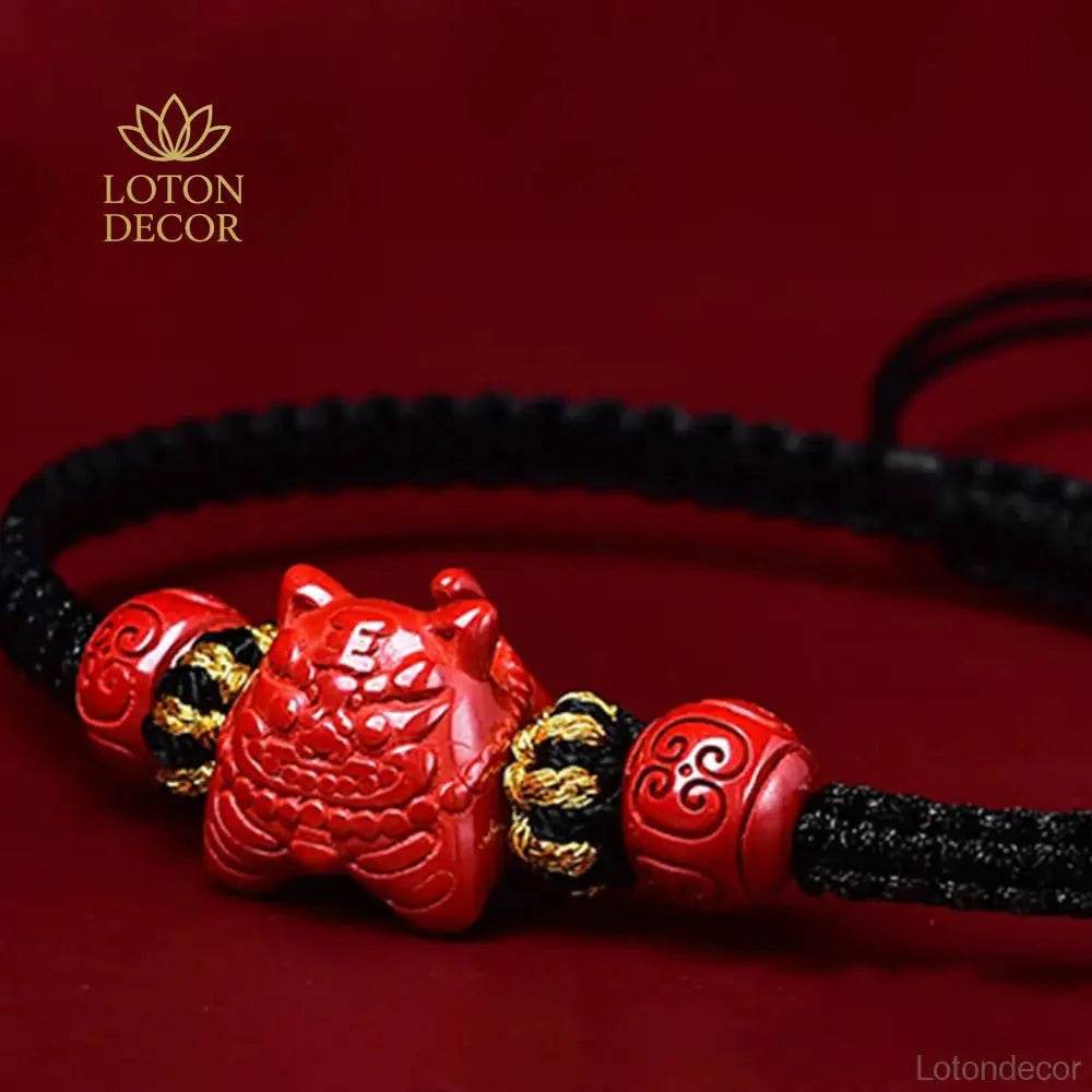 Tiger Charm Cinnabar Bracelet – Red String Wealth Amulet - Loton Decor