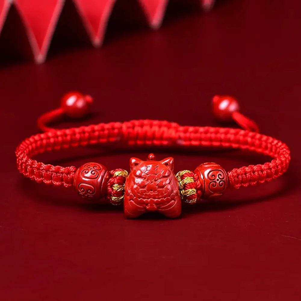 Tiger Charm Cinnabar Bracelet – Red String Wealth Amulet - Loton Decor