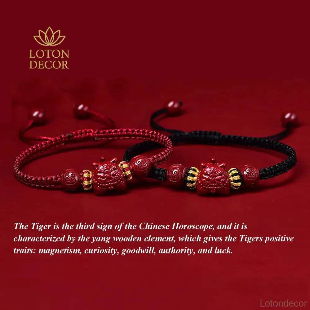 Tiger Charm Cinnabar Bracelet – Red String Wealth Amulet - Loton Decor