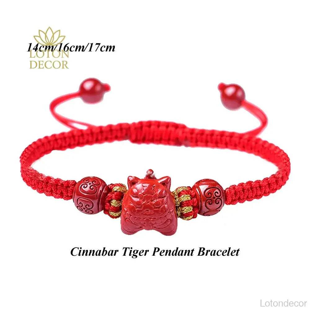 Tiger Charm Cinnabar Bracelet – Red String Wealth Amulet - Loton Decor