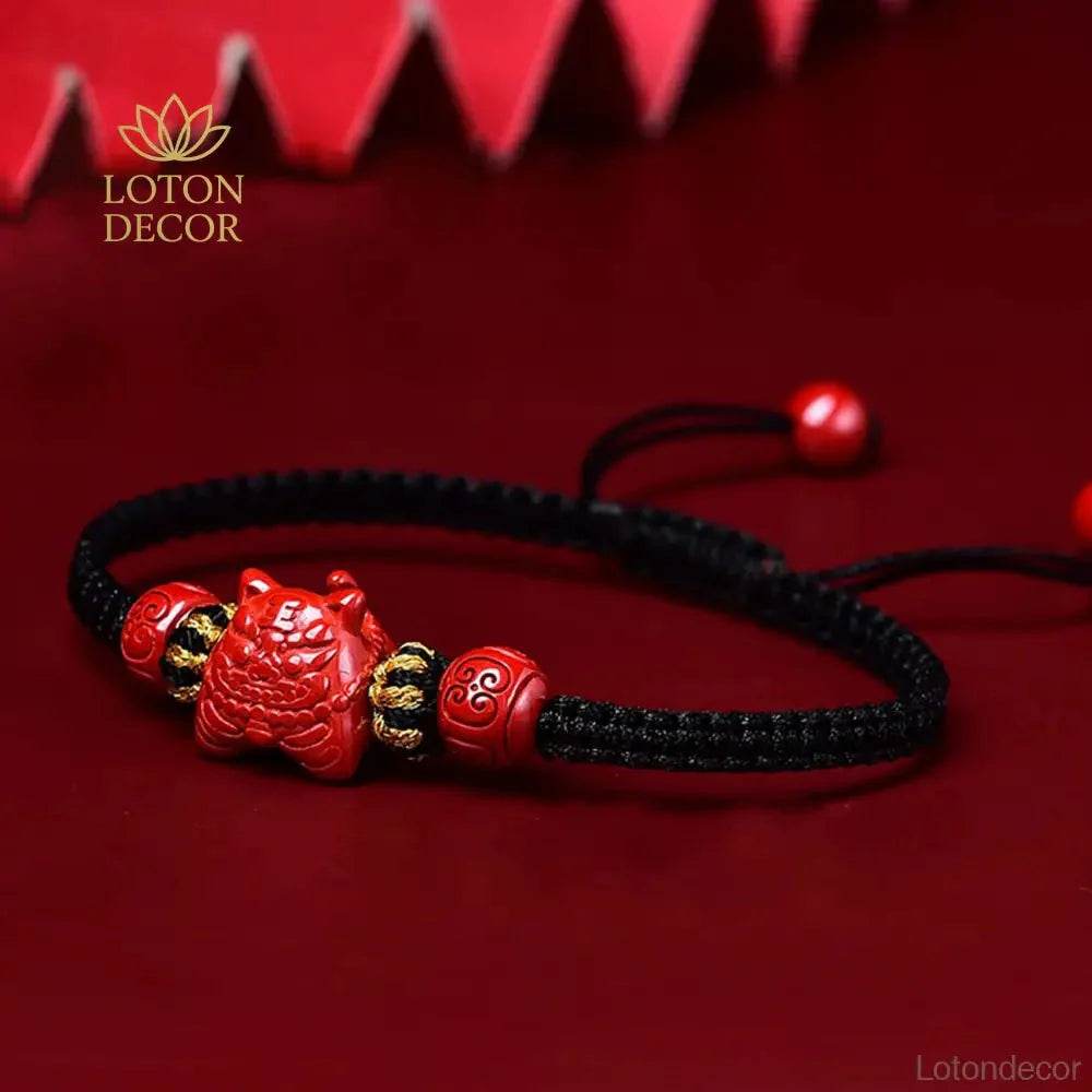 Tiger Charm Cinnabar Bracelet – Red String Wealth Amulet - Loton Decor