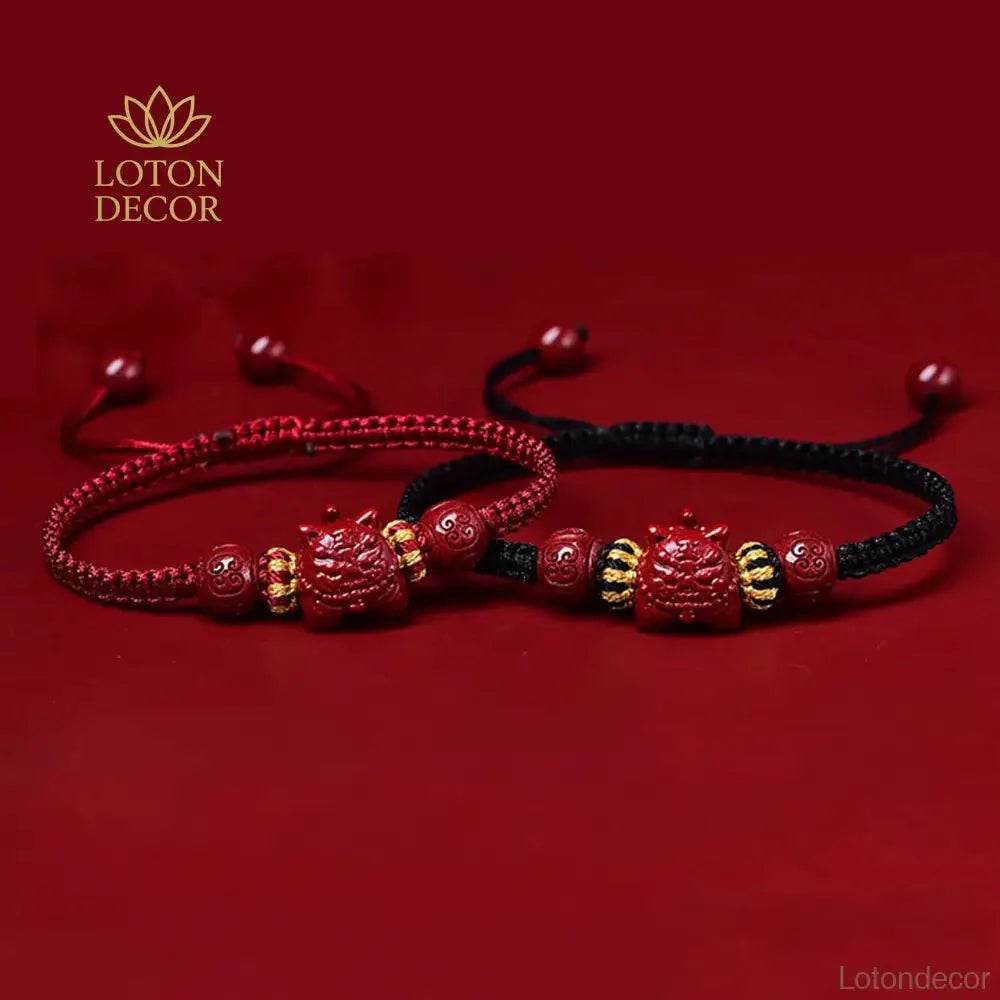 Tiger Charm Cinnabar Bracelet – Red String Wealth Amulet - Loton Decor