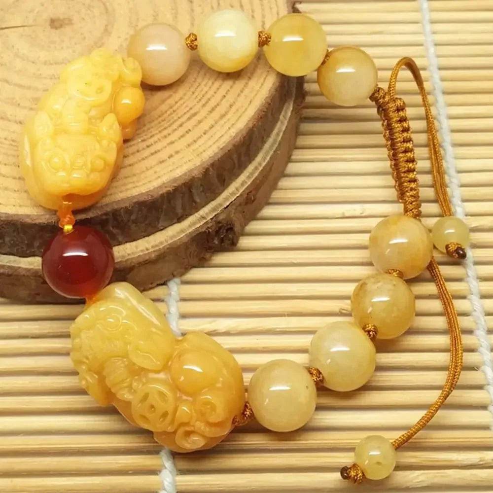 Topaz Jade Double Pixiu Bracelet – Lucky Red Agate Wealth Charm - Loton Decor