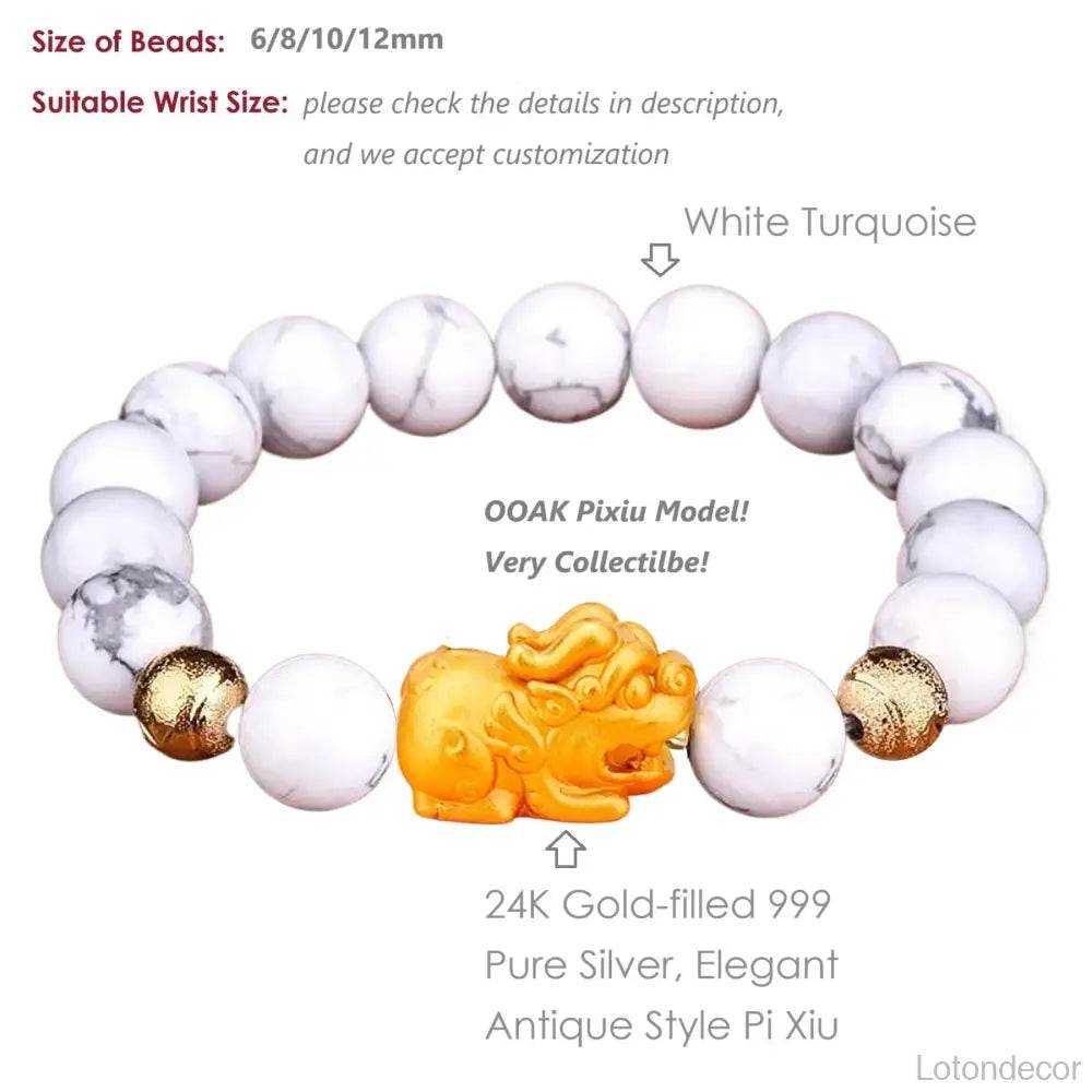 White Turquoise Pi Xiu Bracelet 18K Gold-filled Pure Silver Pi Yao Feng Shui Wealth Pi Yao Bracelet - Loton Decor